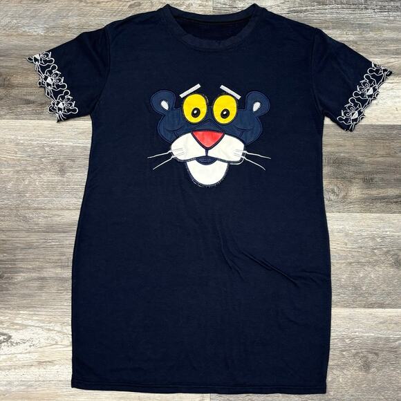 Vintage Pink Panther Navy Blue Women‎ L Handmade Embroidered Applique T-Shirt - Picture 2 of 6